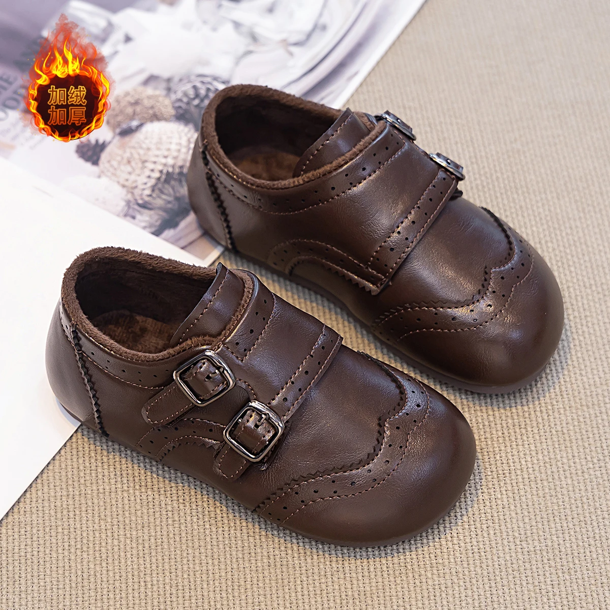 Preppy Style Leather Shoes for Girls New Winter Toddler Dress Shoes with Double Buckle Plush-Lined Retro Kids Mary Jane Flats