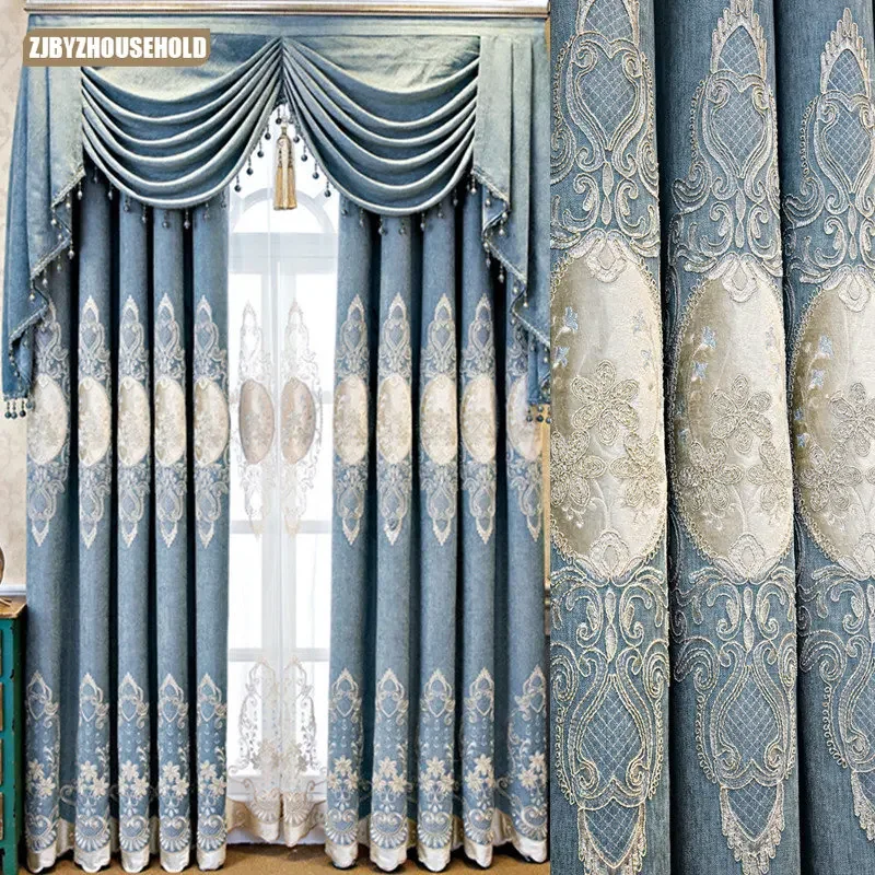 

Blue European Curtains for Living Dining Room Bedroom Thickened Chenille Living Room Embroidered Curtain Fabric for Bedroom