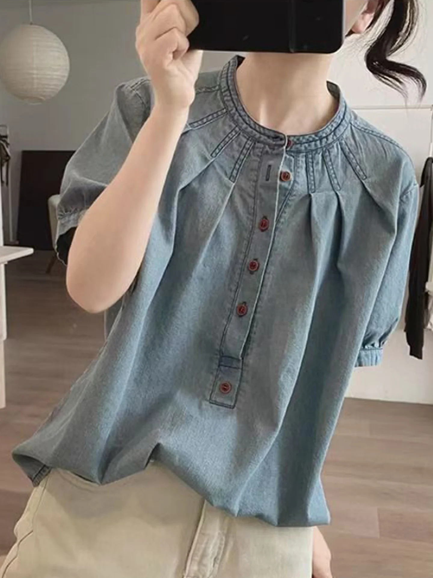 

Casual Loose round Neck Short Sleeve Denim Shirt Women's Summer Fashion Slimming Versatile Shirt Stylish Trendy Top for Teens