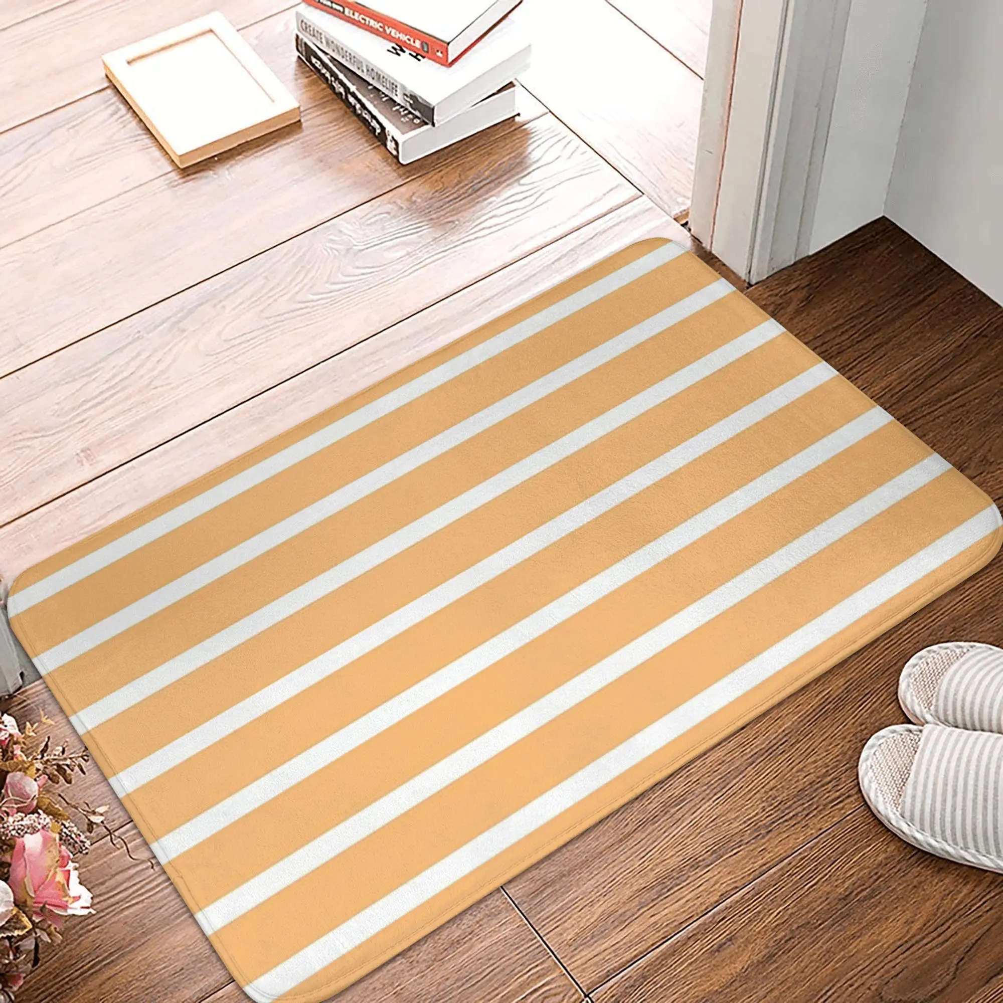 Apricot Orange And White Horizontal Stripes Non-slip Doormat Floor Mat Rug for Kitchen Entrance Home Bathroom Footpad Mats