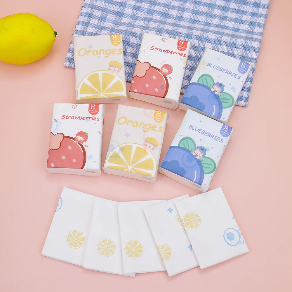 9 unids/pack flor y fruta Mini pañuelo de papel estudiante portátil bolsillo tejido dibujos animados impreso papel higiénico para limpieza diaria