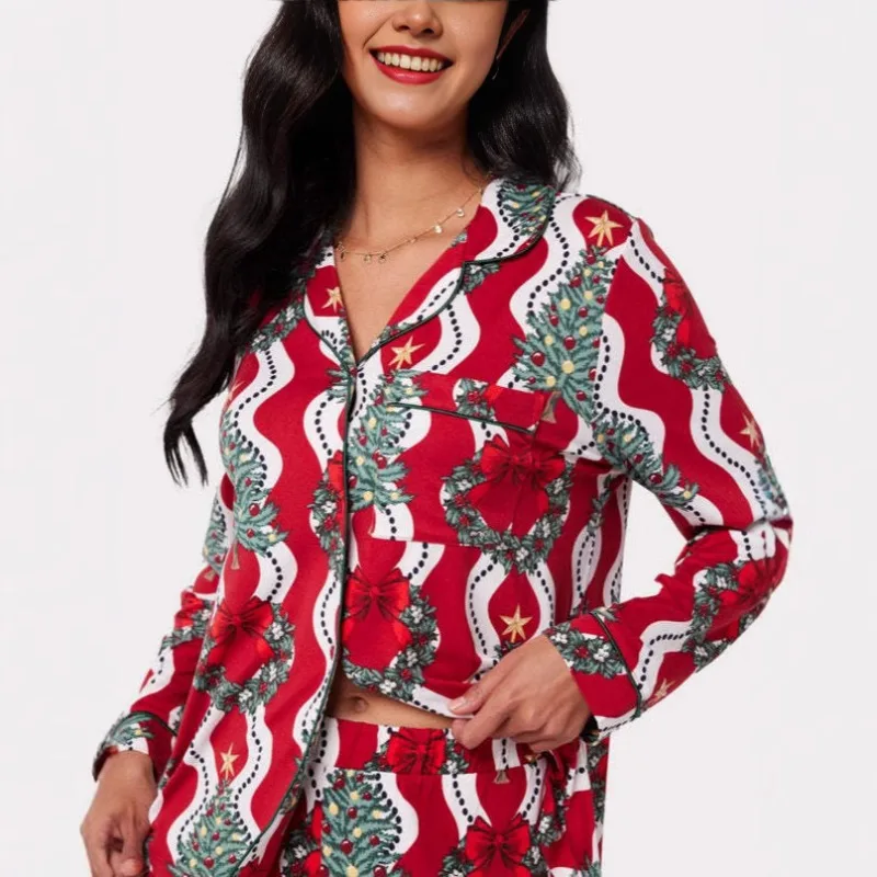 Women's European American Style Pajama Set Spring Autumn Long Sleeves Pants Christmas Print Trousers Cozy Lounging Party XL Size