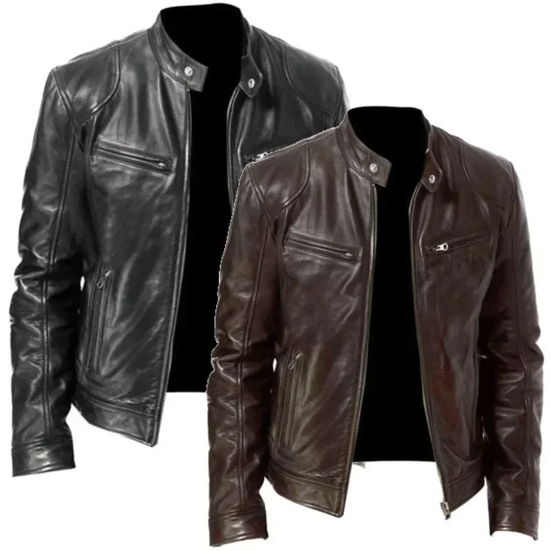 Men's Leather Jacket Bomber Motorcycle Biker Pu Leather Casual Loose Fit Faux Jacket for Men