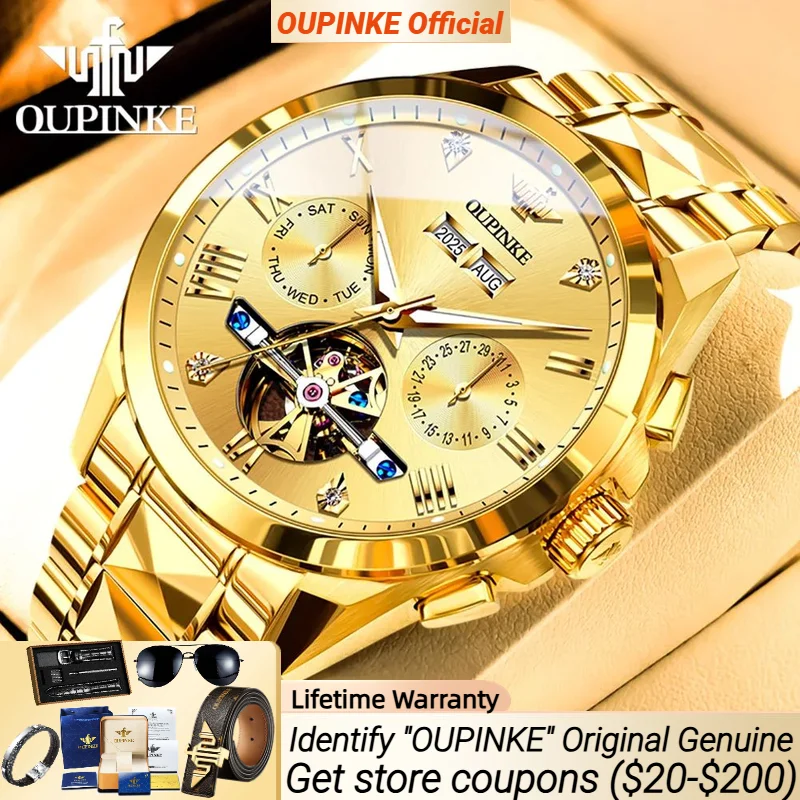 

OUPINKE Wrist watch for Men Multifunctional Chronograph Man Hand Clock Tourbillon Dial Mechanical Watch Men 3240
