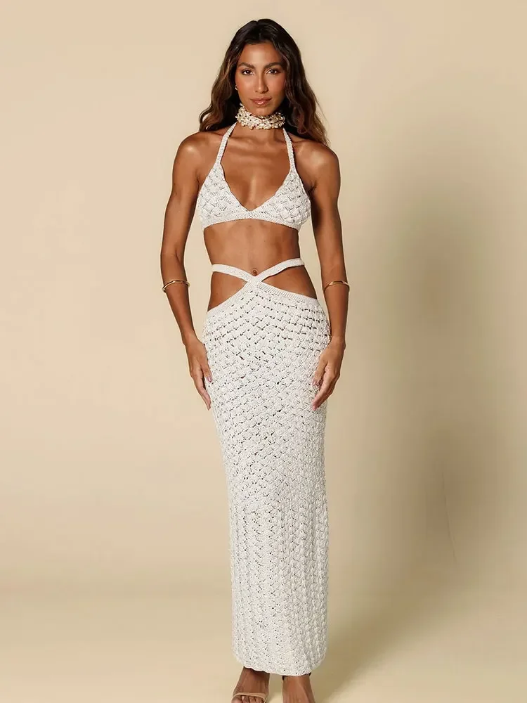 Sexy Knit Top Crossover Tie-up Long Skirt Two-piece 2025 Women Summer Beachwear Swimsuit Cover Up White Cut Out Set K113