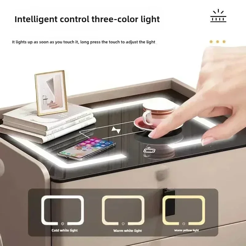 Smart Solid Wood Nightstand - Luxury Minimalist Design Wireless Charging LED Light Multi-Functional, Fully Assembled night stand