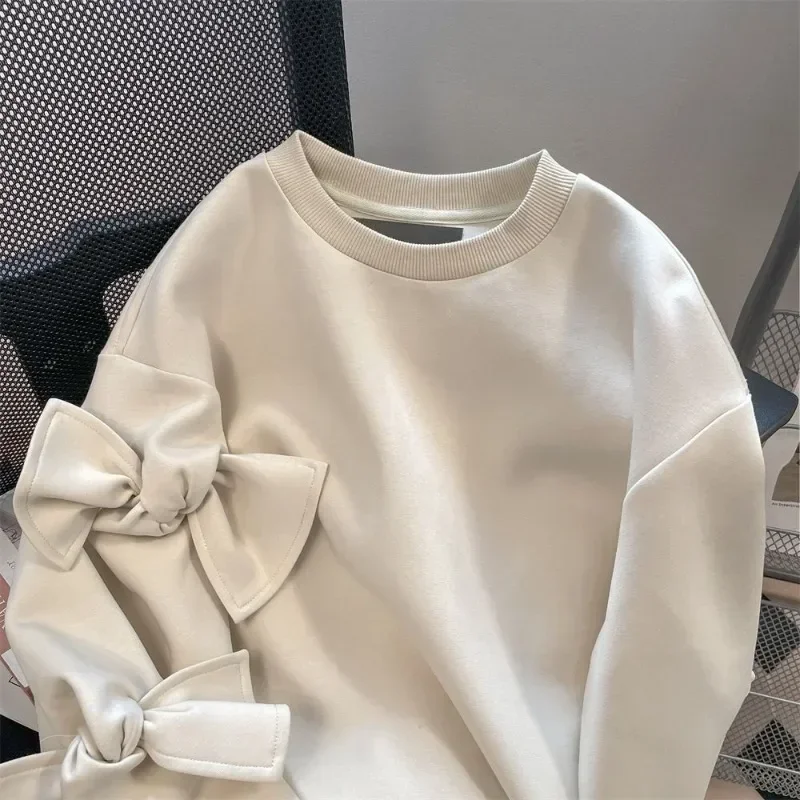 New Sweatshirts Women Solid Bow Creativity Sweet All-match Autumn Students Age-reducing Literary Simple Korean Style Prevalent