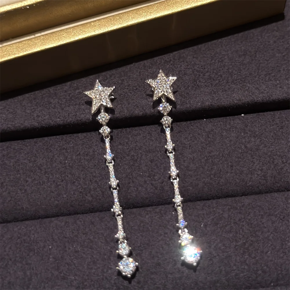 Star Tassels With Diamond Earrings Sterling Silver Full Diamond Long Earrings Five Pointed 2023 New Earrings