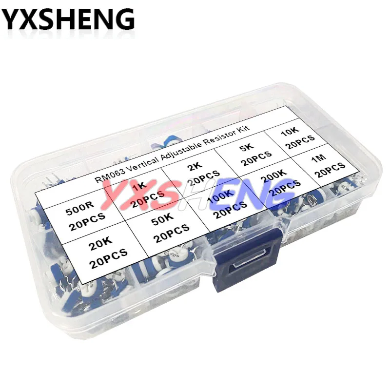 

Комплект вертикальных регулируемых резисторов RM063, 200 шт., набор потенциометров 500, 1K, 2K, 5K, 10K, 20K, 50K, 100K, 200K, 1M с коробкой