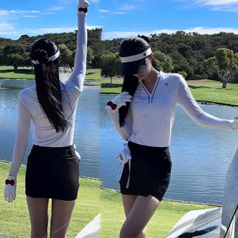 SG Golf Clothing for Women Ice Silk Thin Long-sleeved Shirts V-neck Cooling Shirts Lace Bow Pleated Skirt Lady Golf Skorts Suit