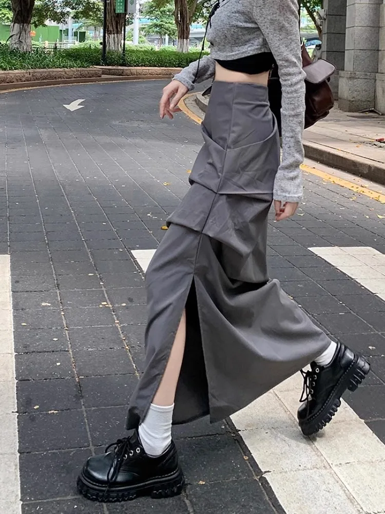 

Gray Casual Baggy Techwear Cargo Skirts Womens Big Pockets Streetwear Drawstring Hem Low Waist Hippie Long Skirt Y2K