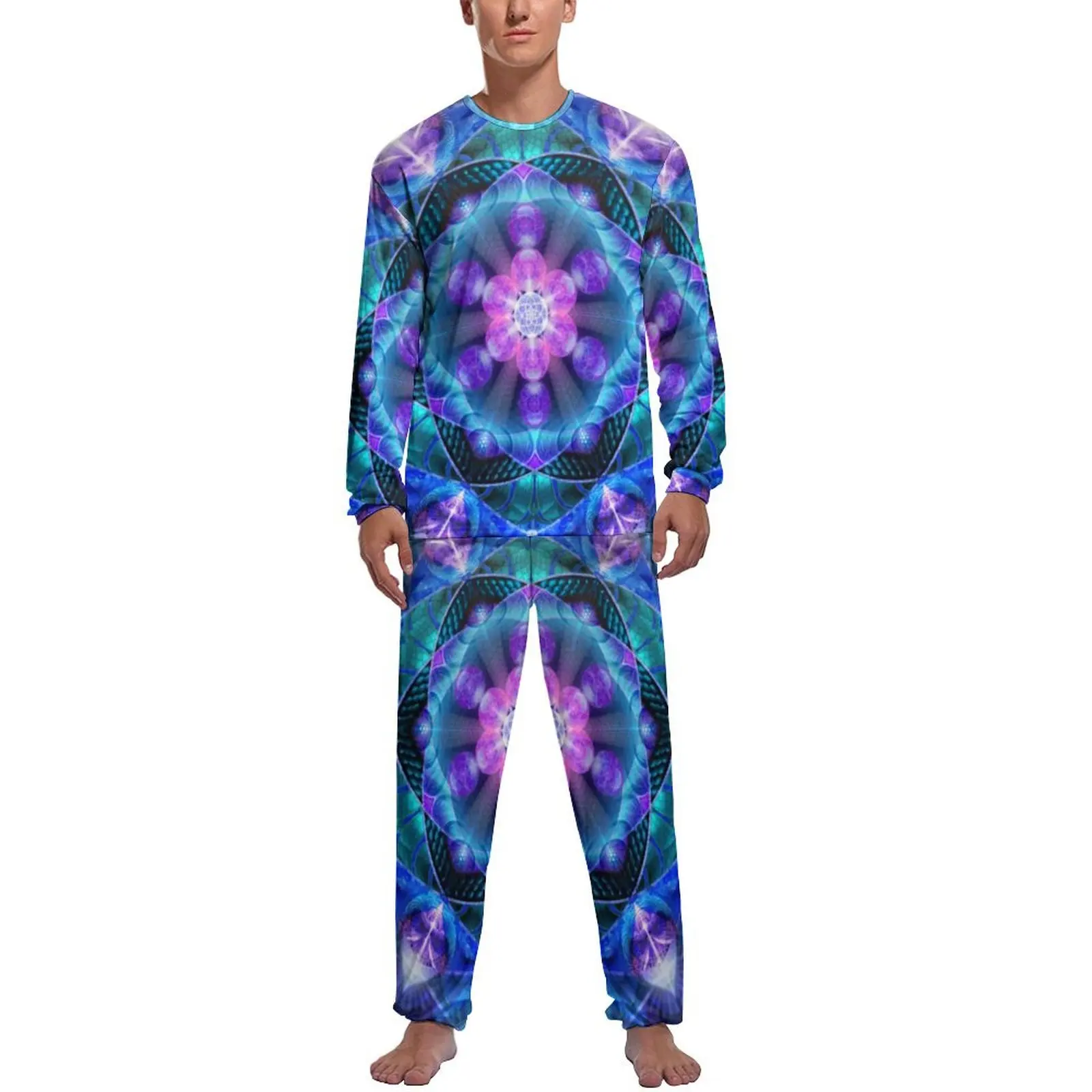 Flower Mandala Pajamas Spring Abstract Floral Print Bedroom Sleepwear Man 2 Pieces Pattern Long Sleeve Retro Pajama Sets