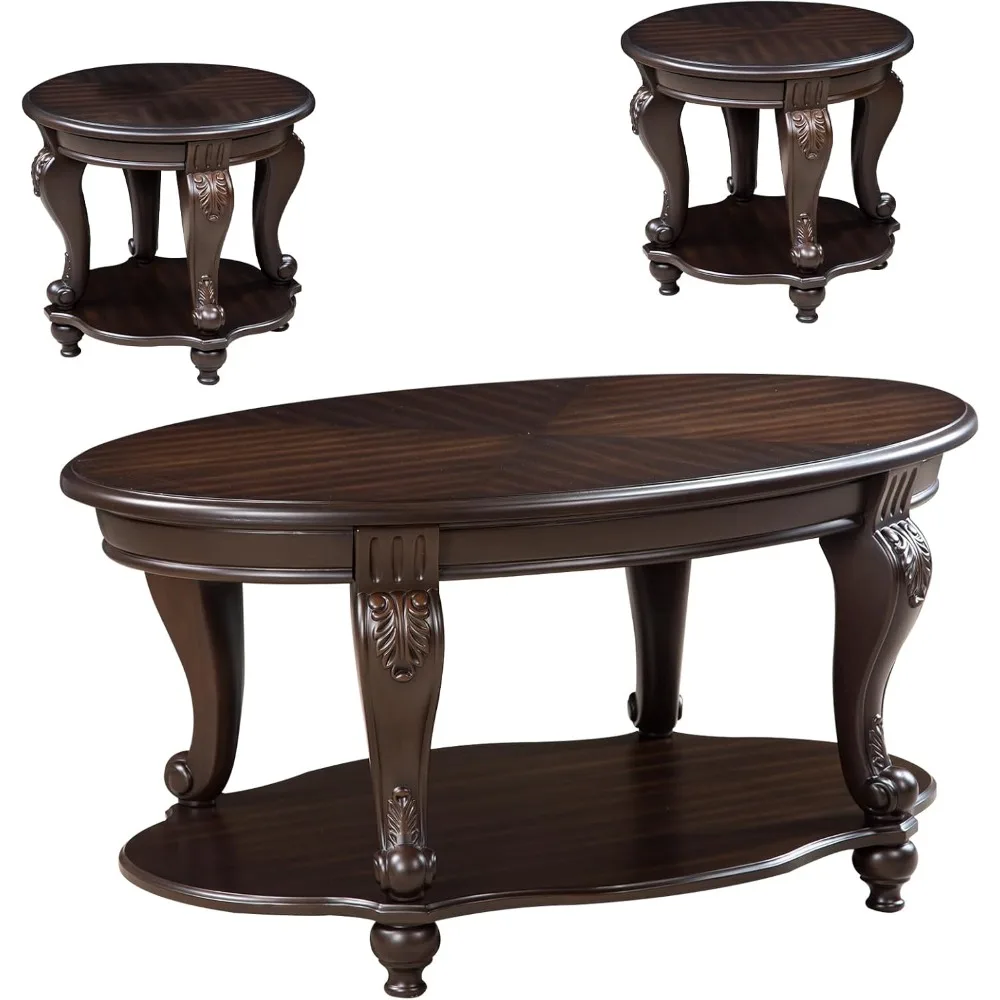 

Набор деревянных журнальных столиков для гостиной, круглые торцевые столики, набор из 2 шт., антикварные ножки журнального столика с элегантной резьбой, эспрессо