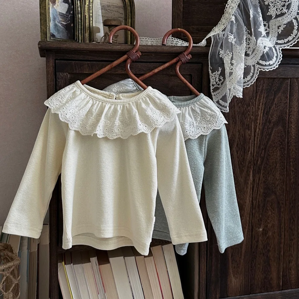 Spring and Autumn Baby Pit Bar Large Lace Lotus Leaf Collar Long Sleeve Top for Girls Baby Princess Interior Undercover