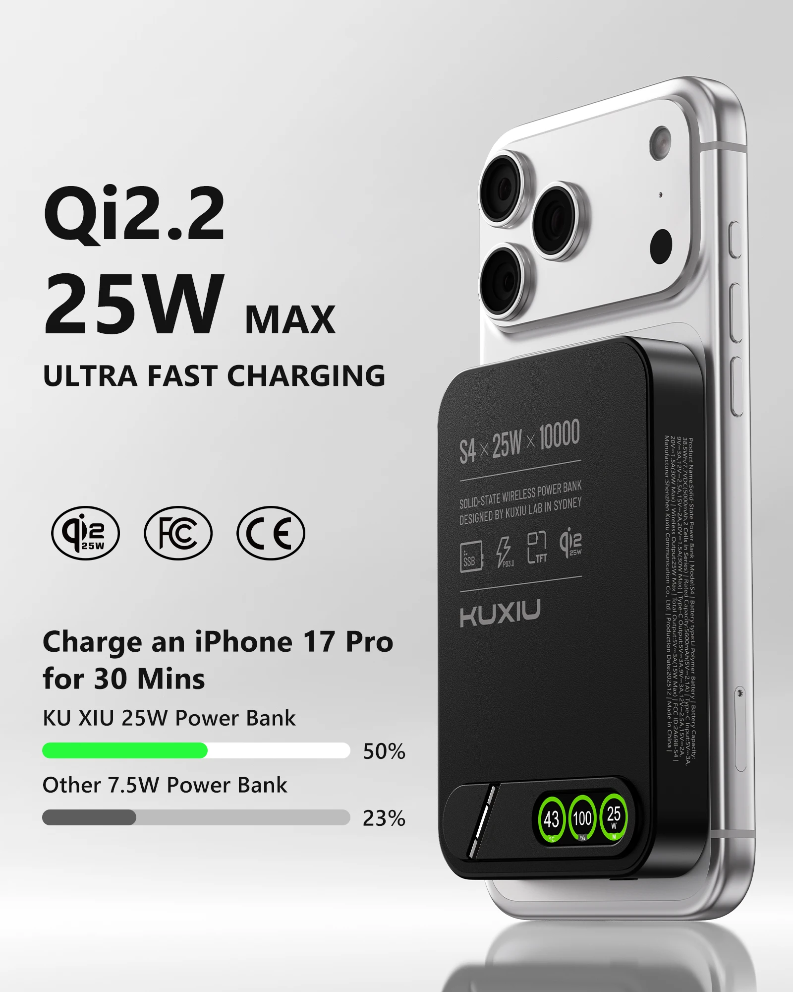 KUXIU 무선 보조배터리 S4 Qi2.2 25W 10000mAh 알루미늄 합금 반고체 안전 보조배터리 코스믹 오렌지/블랙