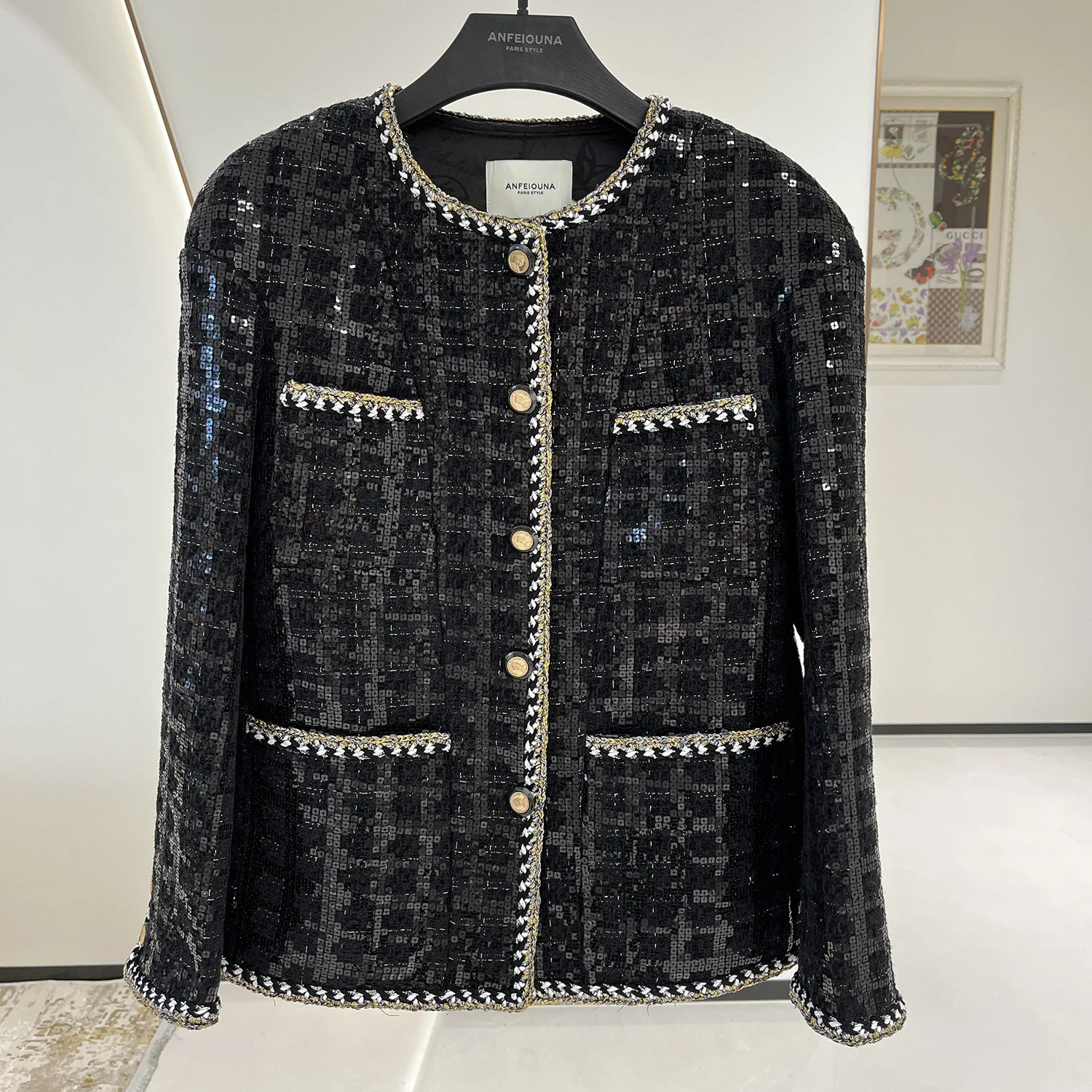 

Anfeiouna Small fragrant cotton polyester tweed sequins woven lace coat high quality luxury niche designer old money style