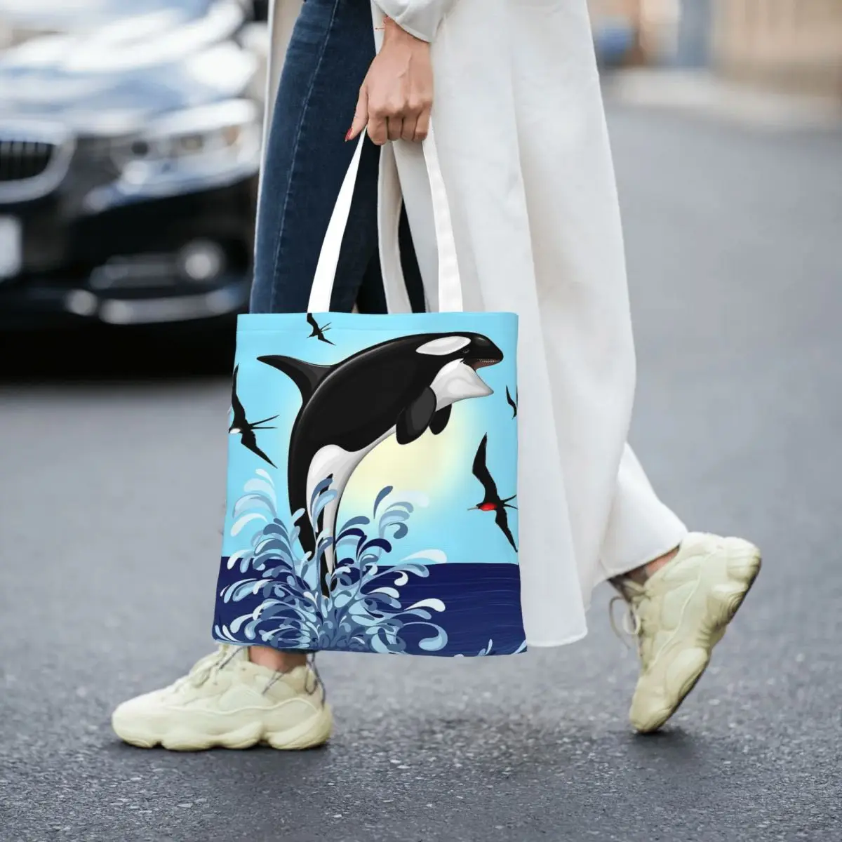 กระเป๋าช้อปปิ้งลายปลาวาฬนักล่าโอร์กากระโดดขึ้นจากมหาสมุทร กระเป๋าผ้าแคนวาสสำหรับผู้หญิง กระเป๋าโท้ทพับได้ กระเป๋าสะพายไหล่สำหรับผู้หญิง กระเป๋าถือสำหรับเดินทาง