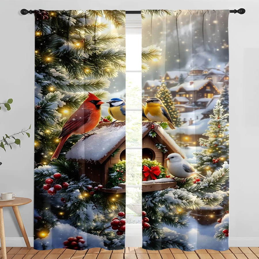 2PCS Digital Print Curtains, Snowy Forest Birdhouse Cardinal Chickadee White Bird Lights Berries, Warm Wildlife Scene Style - Ch