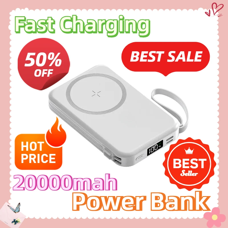 For Iphone Xiaomi 20000mah Magnetic Power Bank Wireless Charging 22.5w Fast Charging Built-in Line Portable Power Bank