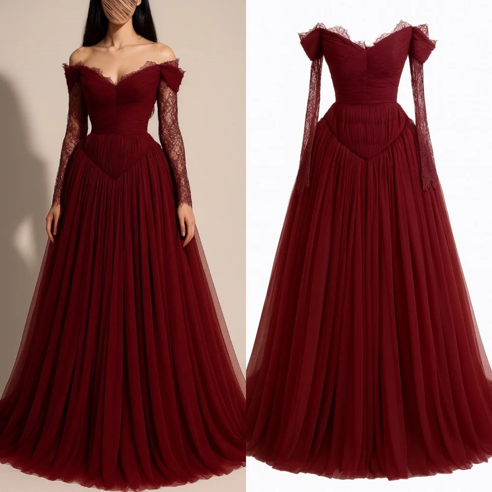 

Customized Intricate Modern Style Tulle Pleat Ruched Draped Lace A-line Off-the-shoulder Long Dresses Evening Dresses Fashion