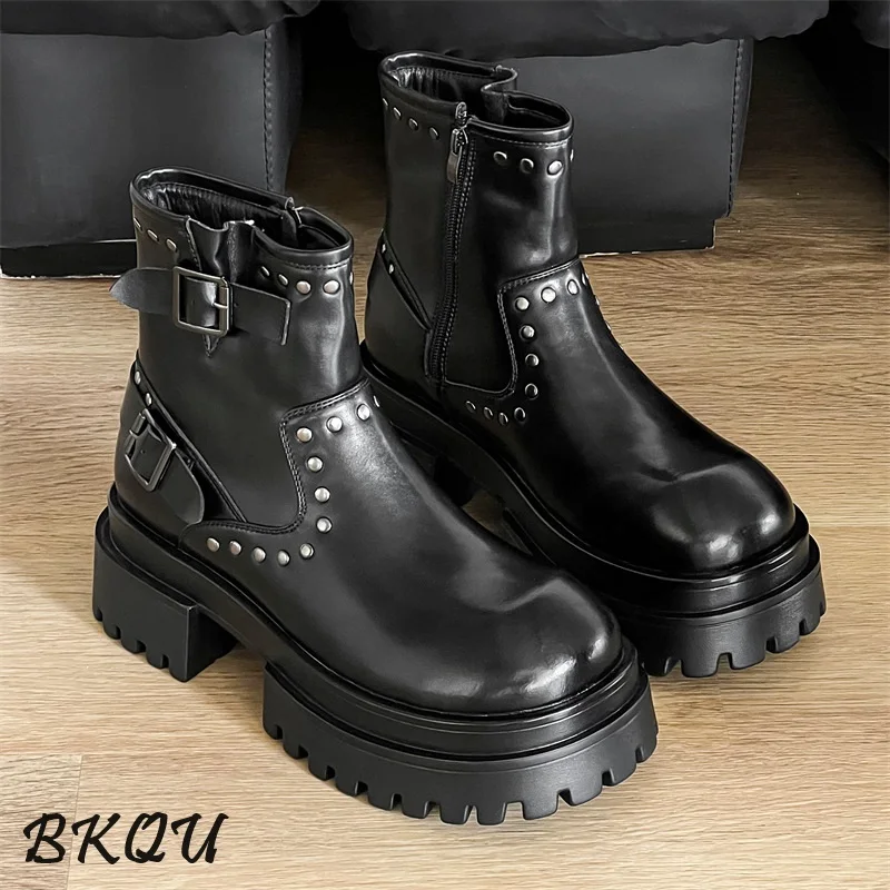 

BKQU Punk-style Boots for Men, Autumn 2025, Korean Version Comfortable Trendy Versatile High-top Boots with Nailhead Design
