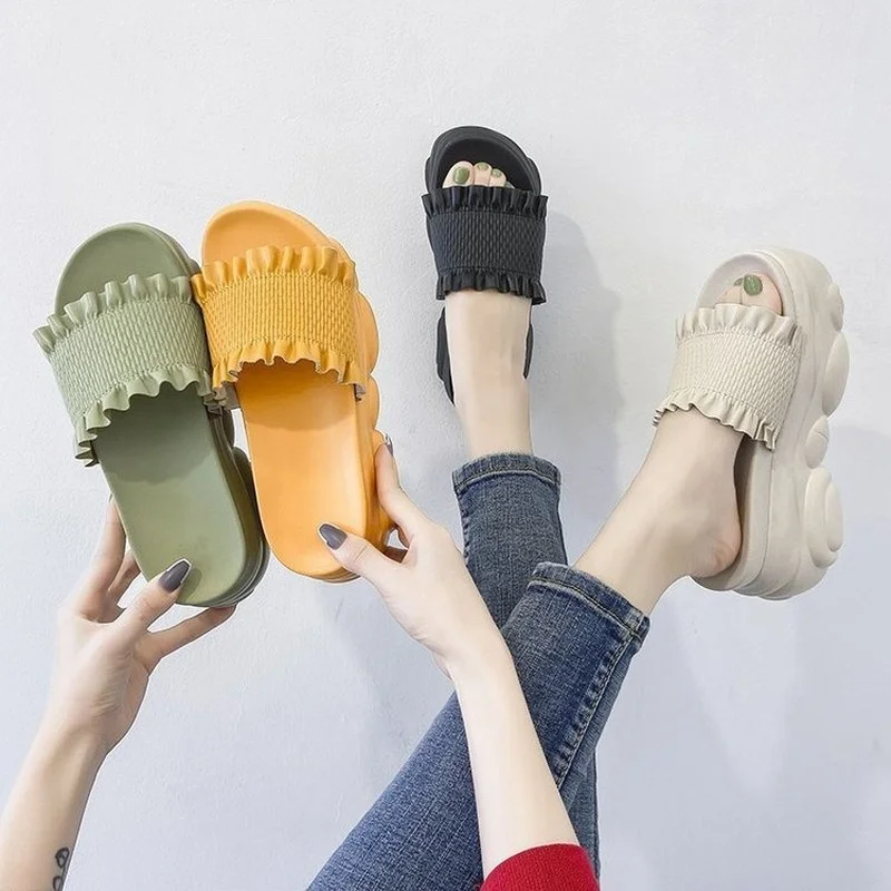 

Solid Color Women Platform Slippers Summer Flip Flop Wedges Slides Open Toe Height Increasing Shoes Ladies Beach Heels Slippers