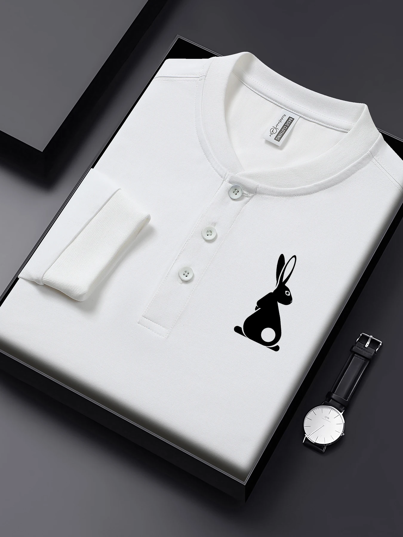 

Rabbit Pattern Simple Printing Henley T Shirt Man Henry Neck Loose Basic Shirts Autumn Cotton Sportswear Business Long Sleeves