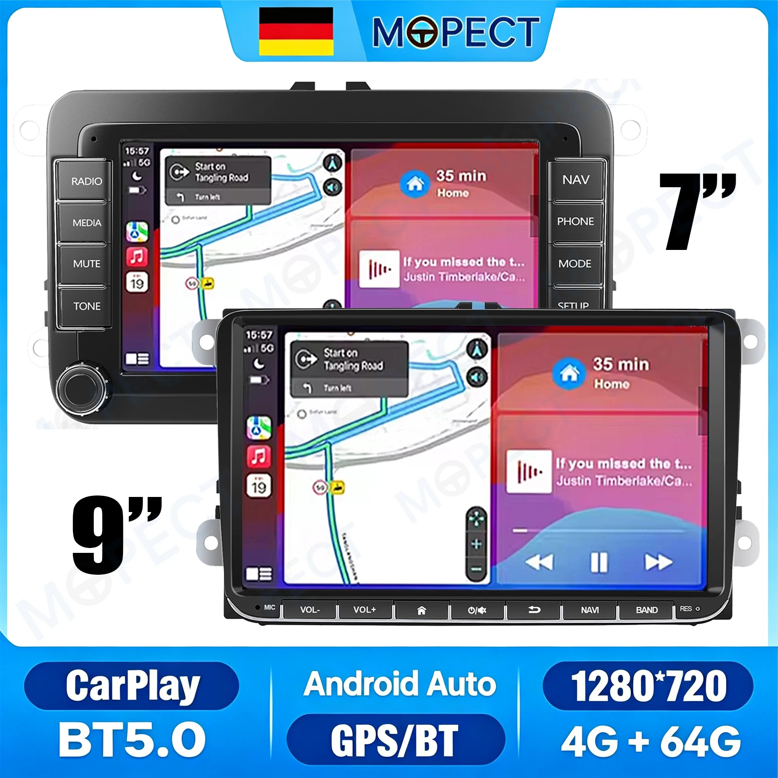 MOPECT 7/9 Zoll Autoradio 4+64GB Für Volkswagen Golf MK5 MK6 Passat Jetta Skoda Android 15 CarPlay GPS Navi BT FM+DAB&AHD