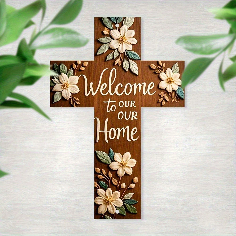 2D Flat, Metal Cross with Floral Design - 