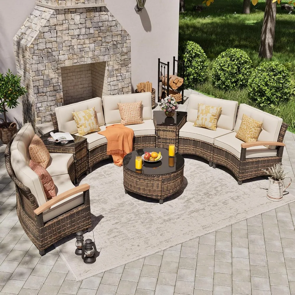 9 Piece Outdoor Patio Furniture Set, Half-Moon Curved Sectional Sofa Rattan Conversation Set with Wood Armrests, Coffee Table