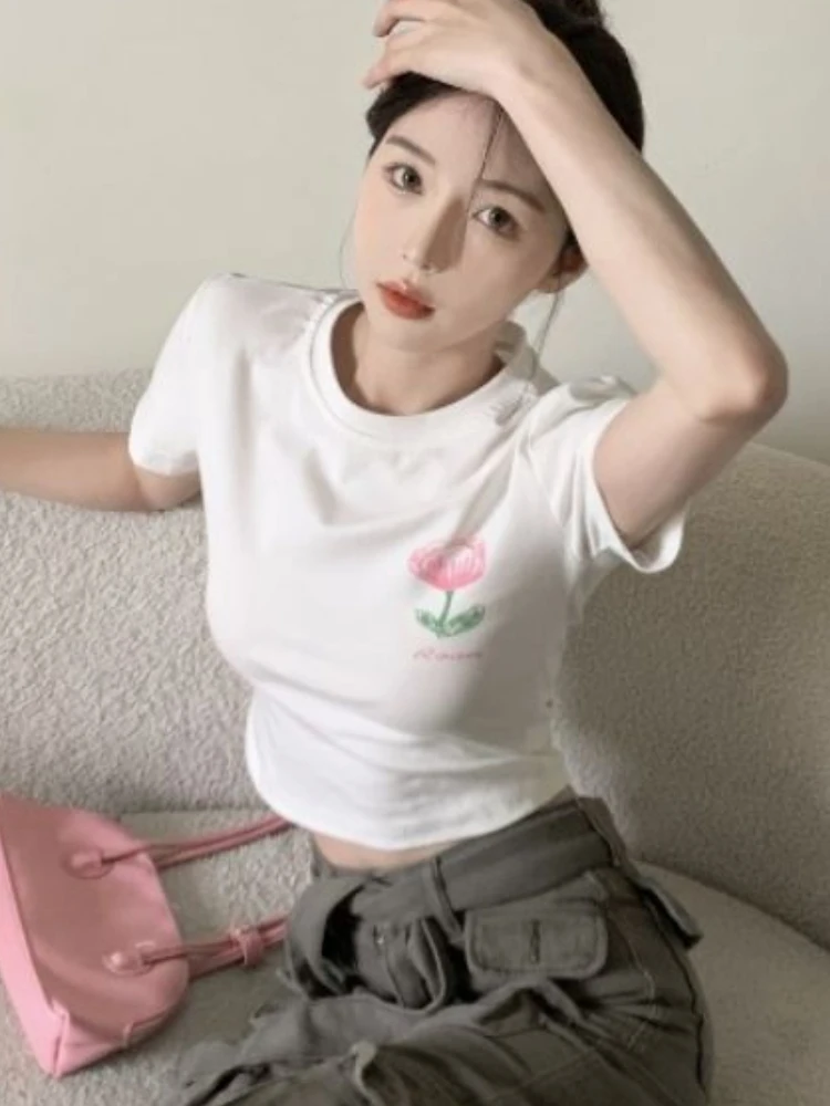 Short-sleeve T-shirts Women Crop Tops Floral Chic Hip Hop Ulzzang Streetwear Slim All-match Teens Basic Students Y2k Fashion Hot