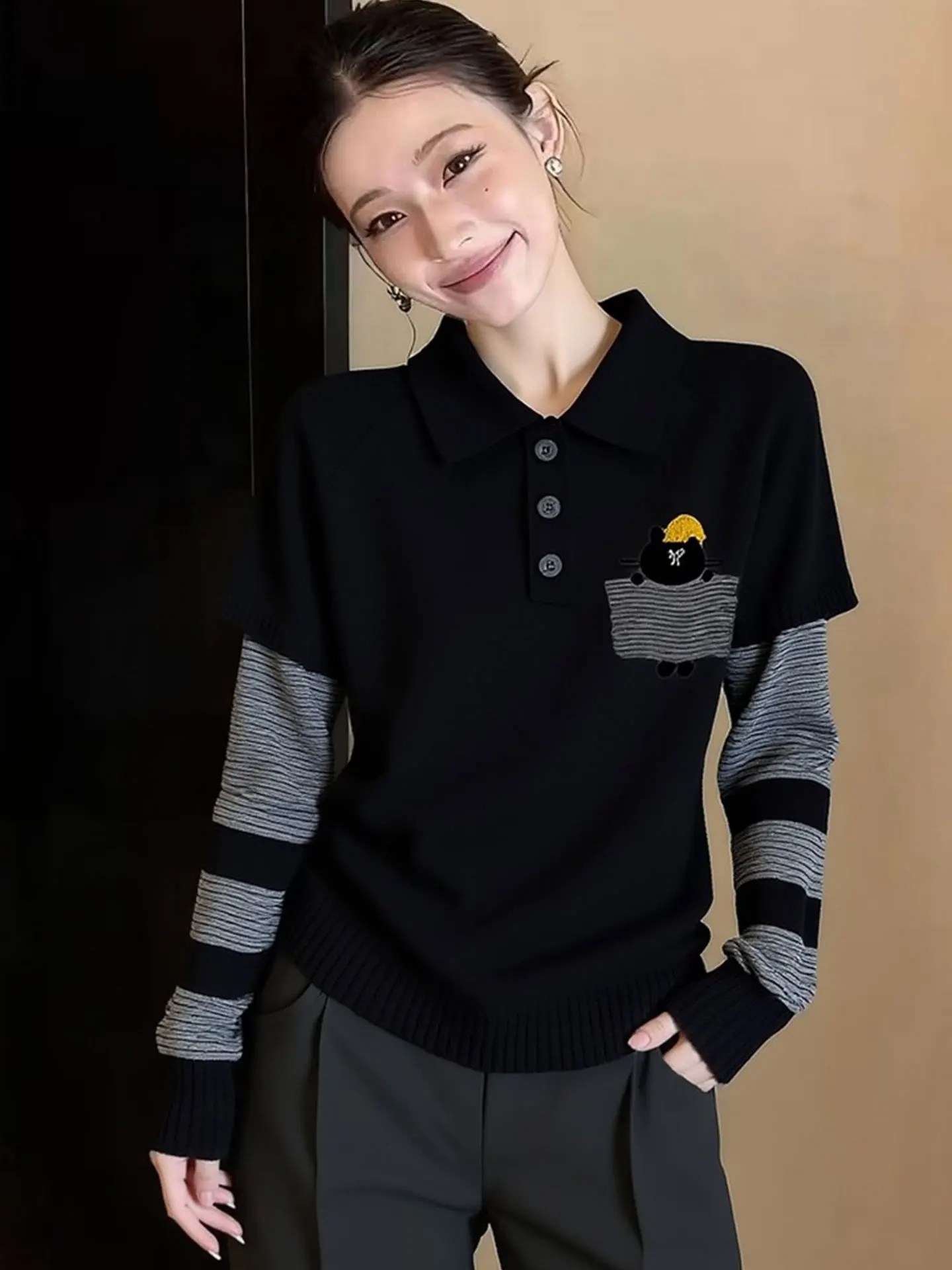 

Вязаный топ Ele Long Sve с пэчворком и вышивкой в мультяшном стиле, весна 2026, модная базовая женская кофта