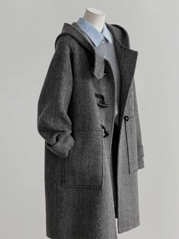 

Cow Horn Gray Woolen Coat Women New Autumn And Winter High-End Hooded Loose Coat E12347