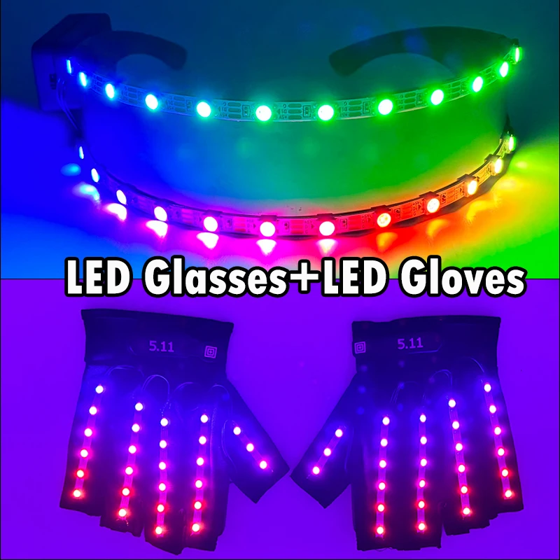 1 Uds. De gafas LED + 1 par de guantes LED, 6 colores disponibles, conjunto de nuevos productos, decoración de disfraces de fiesta de baile brillante, accesorios láser LED