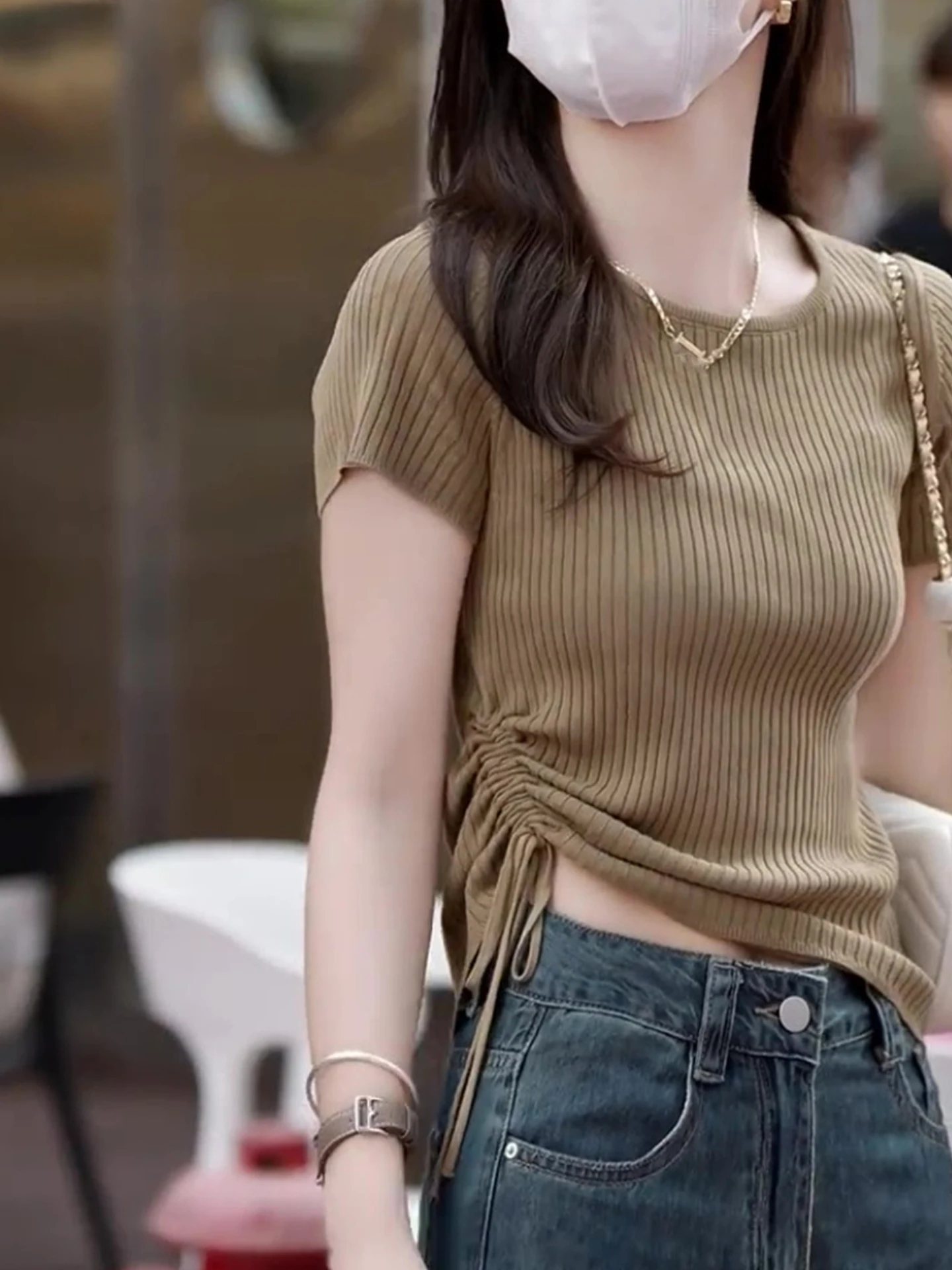 

Круглый пуловер Dstring Design Ne Color Summer Commute Simple Luxury ort Sve Футболка Трикотаж Корейский Sle Sli...