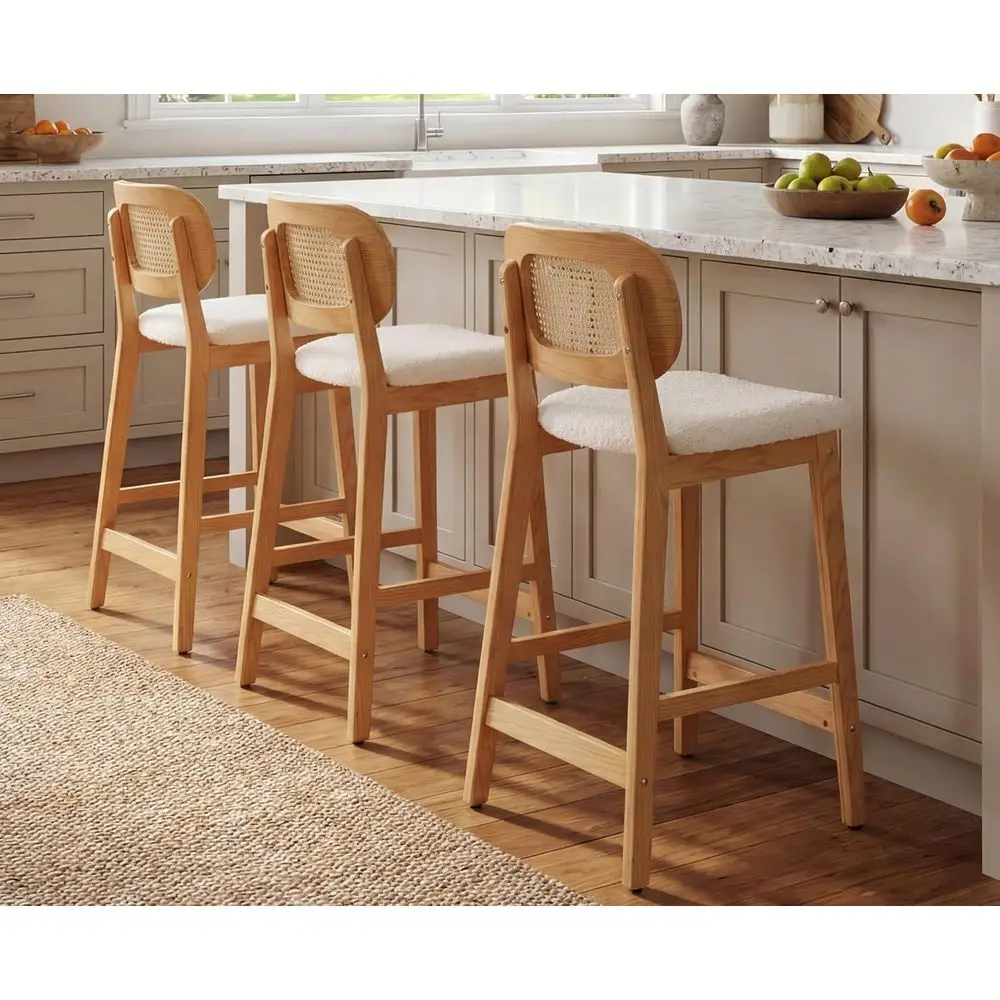 

Rattan Counter Height Bar Stools Set o 3 ern armhouse Barstools with Cane Backs 26 Inch Wood Counter Stool Breakast Upholstered