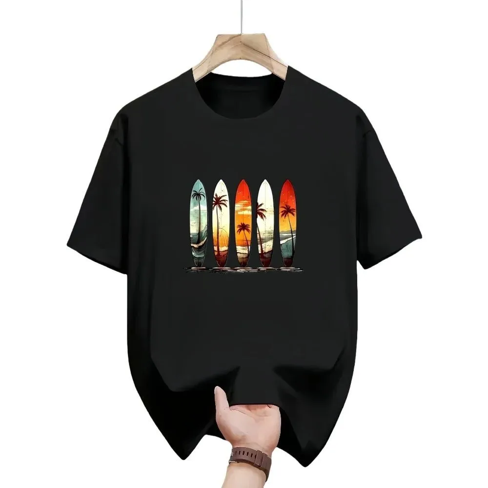 Summer American men's beach surfboard sunset scenery print soft and breathable round neck T-shirt outdoor casual top