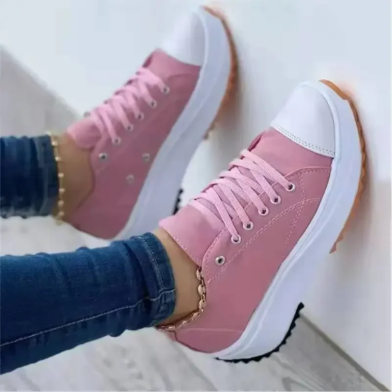 Zapatos clásicos de lona para mujer, zapatillas informales con plataforma y cordones, color blanco sneakers women 2024