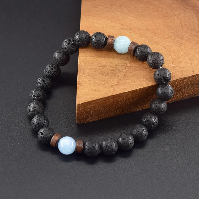 Natural Aquamarine Quartz Beads Bracelet Women Men Natural Volcanic Lava Bangle Tibetan Buddha Wristband Jewelry Gift for Lover