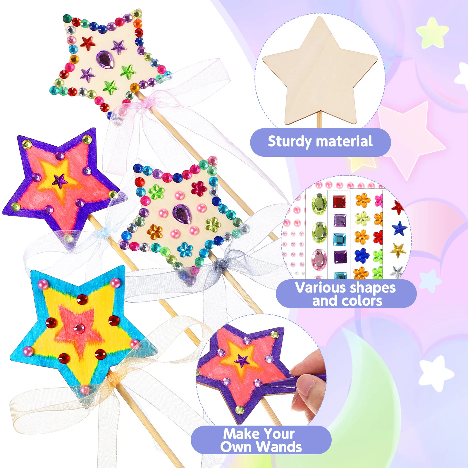 

1 Set Fairy Wand Kit 18 Star Wands Colorful Ribbons Princess Crafts Unfinished Wooden Crafts