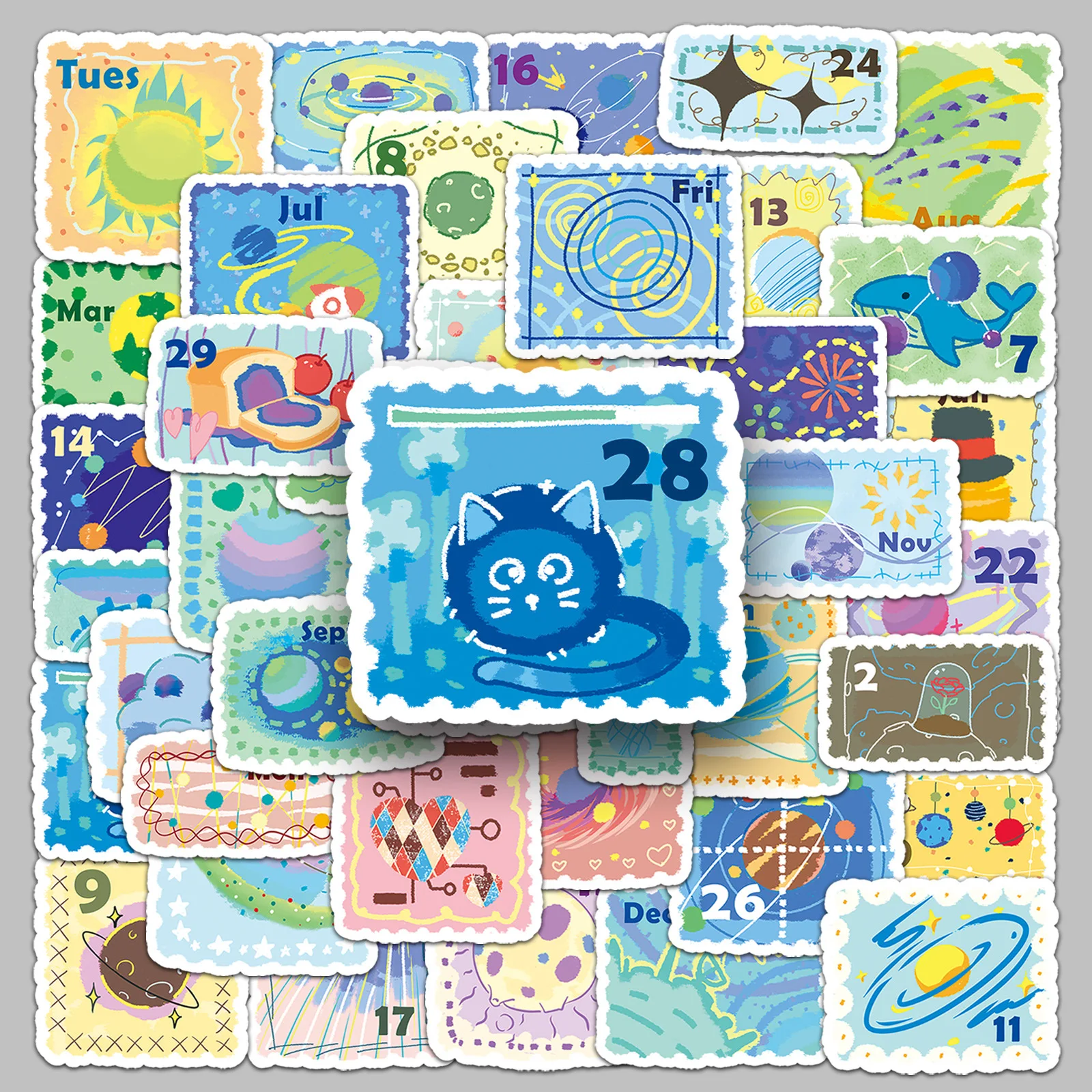 

50PCS Cute Stamp Style Space Calendar Stickers Kawaii Planet Journal Decorative Notebook Phone Case Waterproof Stickers Kids Toy