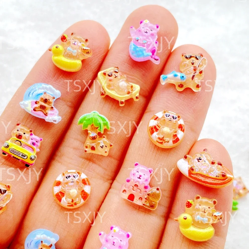 50 szt. żywicznych mini figurinek 3D w kształcie misia w kolorze kawy, płaskie, do scrapbookingu, aplikacji ślubnych, dekoracji paznokci i rękodzieła.