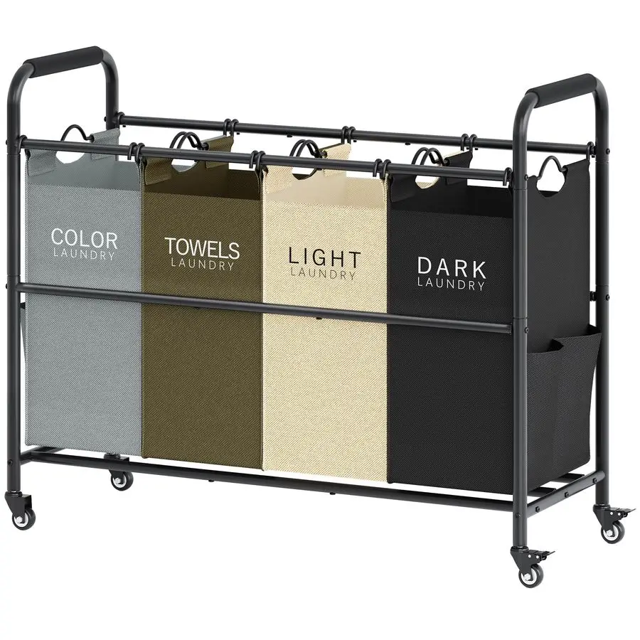 

4 Bag Laundry Sorter Cart, 4 Section Laundry Hamper Sorter with Heavy Duty Lockable Rolling Wheels, Laundry Separator Hamper wit