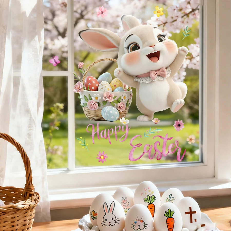 1 Stück Oster-Fensteraufkleber, statische Aufkleber, niedlicher Hase, Eierkorb, Frohe Ostern, Aufkleber für Kinderzimmer, Frühlings-Glasdekoration, wiederverwendbares PVC