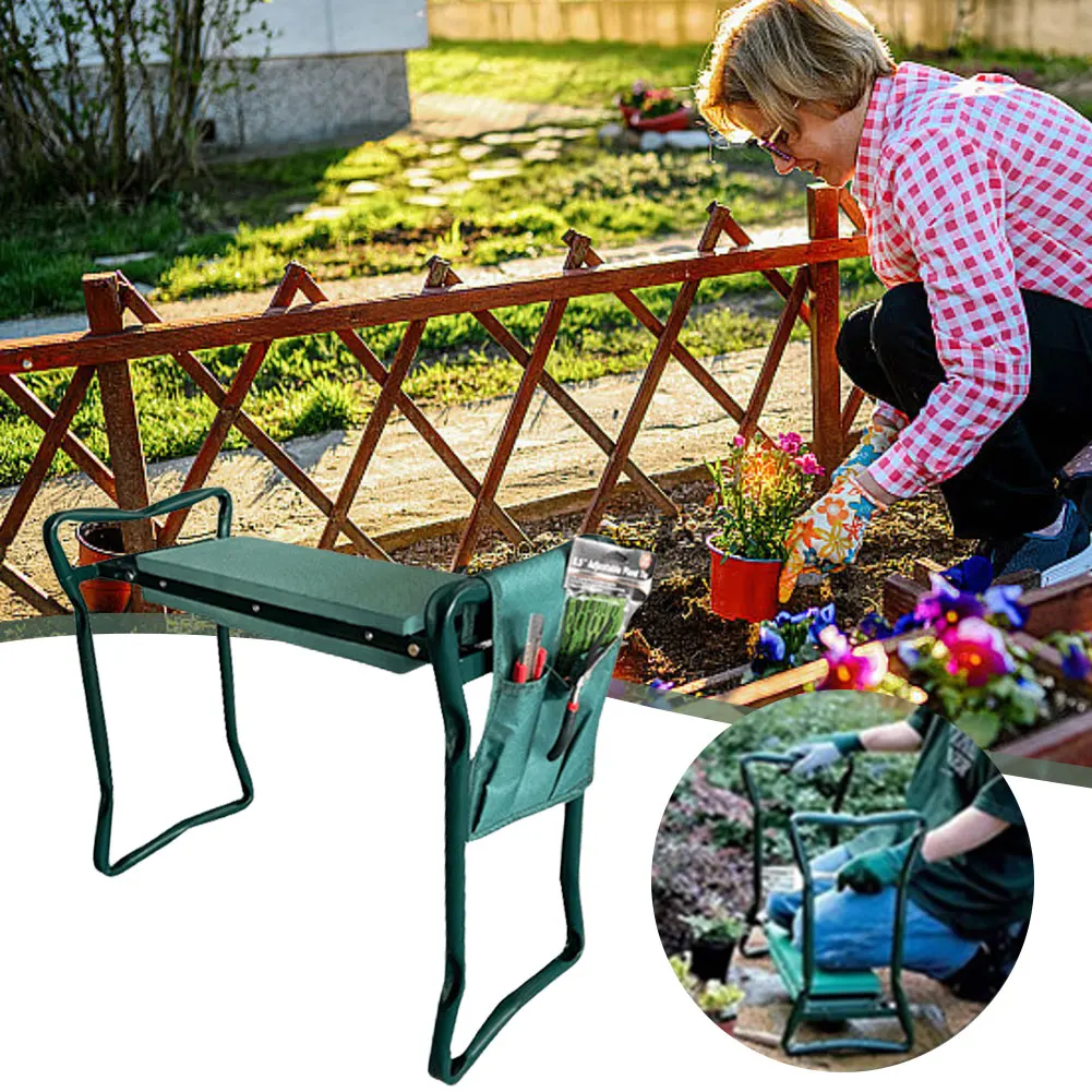 Folding Portable Iron Garden Kneeling Stool, Square Outdoor Kneeler with Detachable Tool Pouch, Compact for Camping Hiking Trave