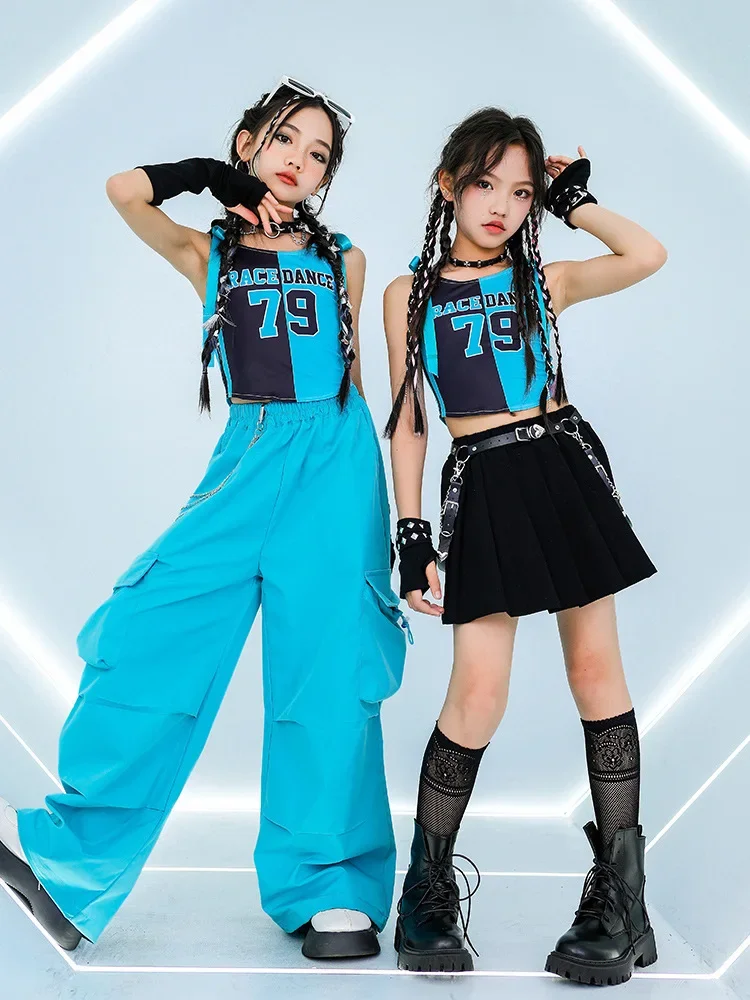 Blue Vest Pants Cool Skirt Hip Hop Clothing Teenagers Concert Stage Performance Suits Girls Kpop Outfits Jazz Dance Costume