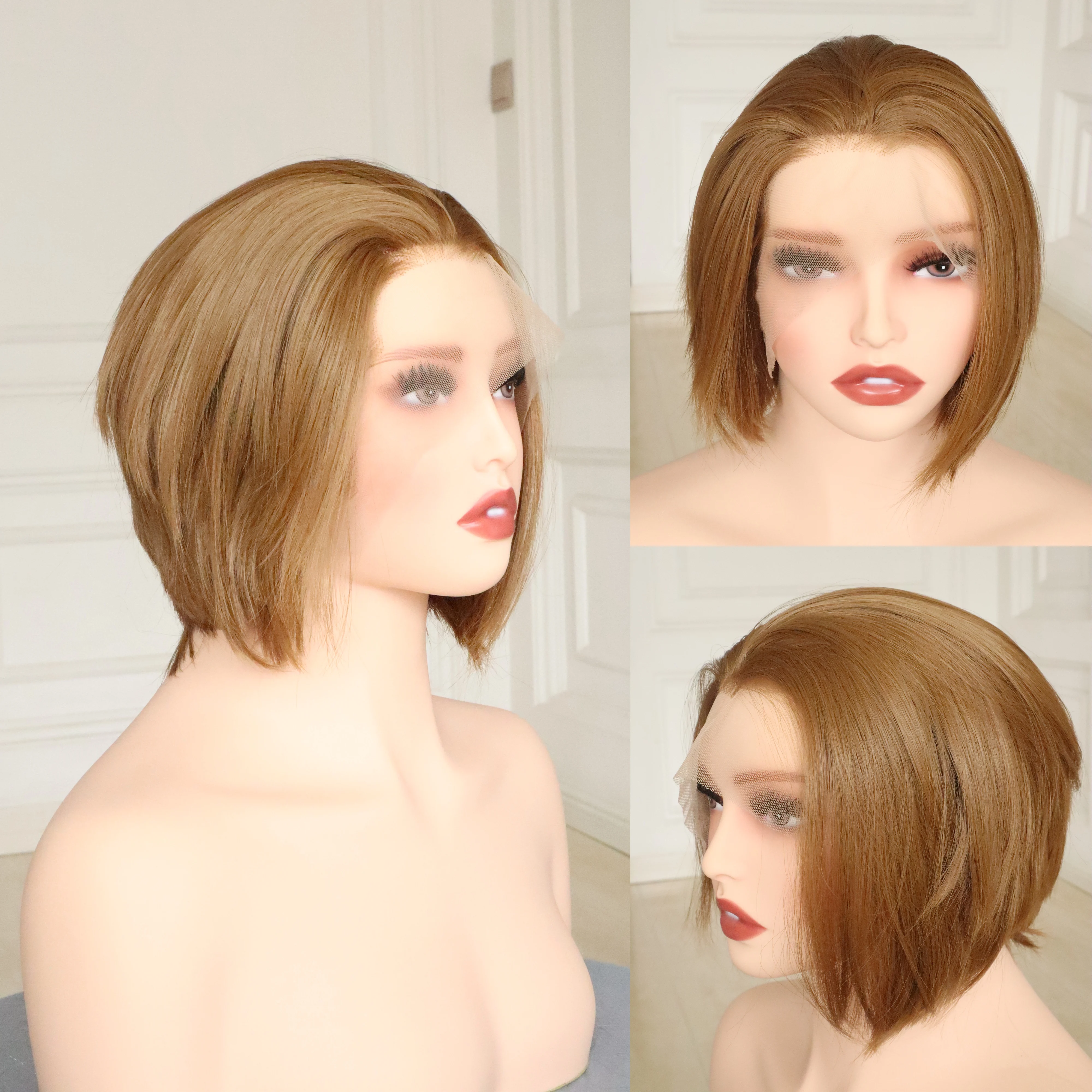 

Widow's Peak Короткий Боб Синтетический Парик Фронта Шнурка Хэллоуин Боб Косплей Парики для Женщин Темно-Медово-Коричневый Бесклеевые Парики Шнурка 13x4