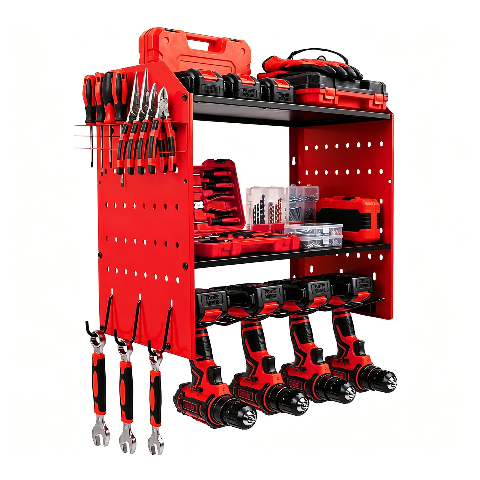 Robuster, an der Wand montierter Organizer für Elektrowerkzeuge, Akku-Werkzeugständer mit Stecktafel-Seitenständer und Haken – Detail 10