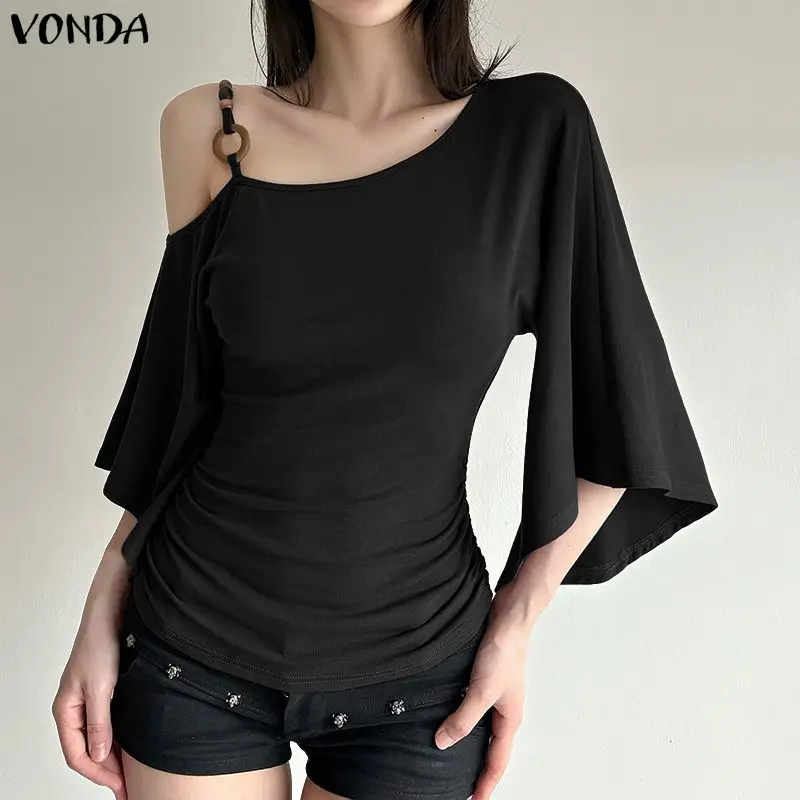 VONDA Summer Women T-Shirts 3/4 Flare Sleeve Sexy Off Shoulder Casual Tees 2026 Fashion Korean Tops Solid Elegant Work Shirts
