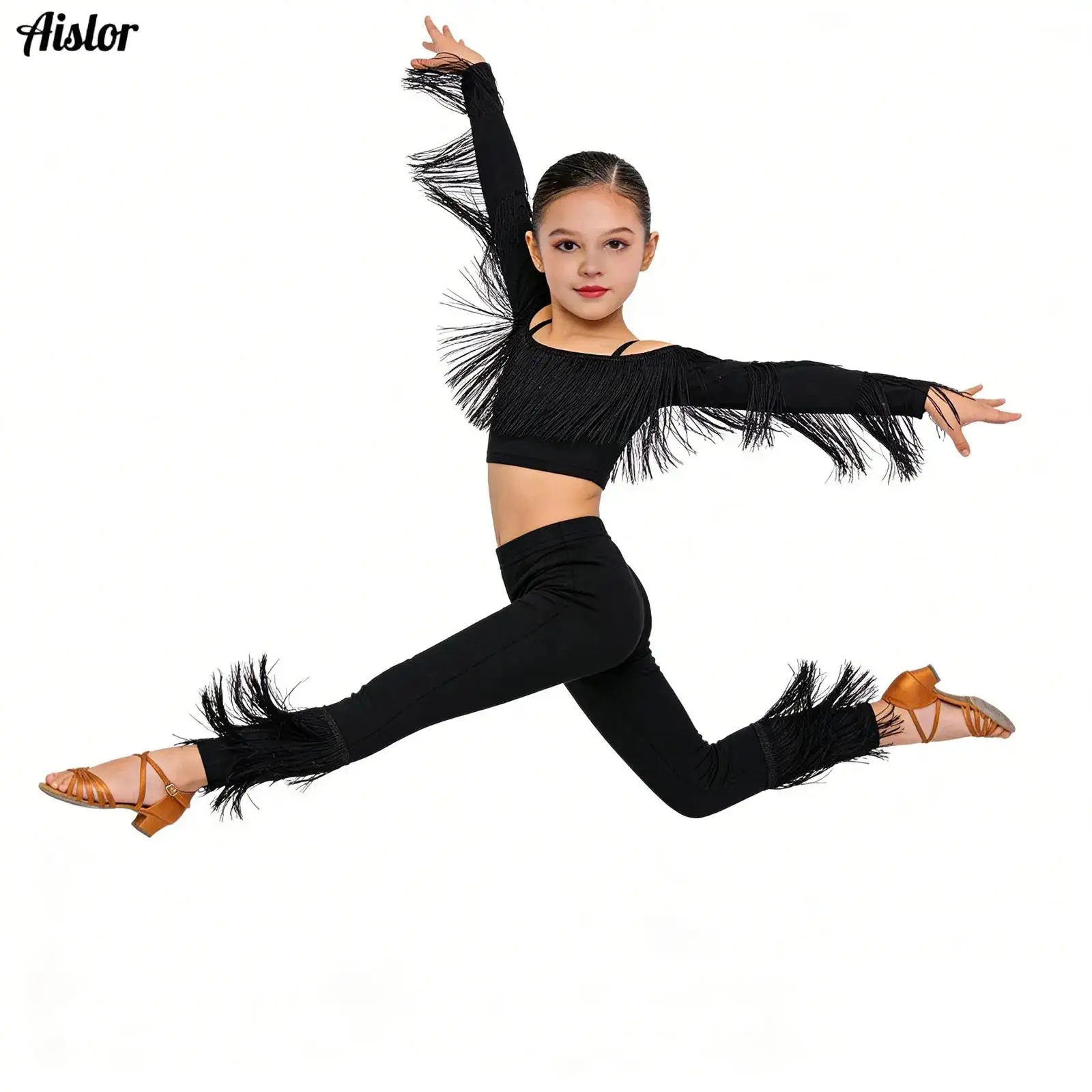Black Leopard Latin Dance Clothes Set Girls Latin Fringed Top Pants Kids Chacha Ballroom Dance Competition Performance Costume